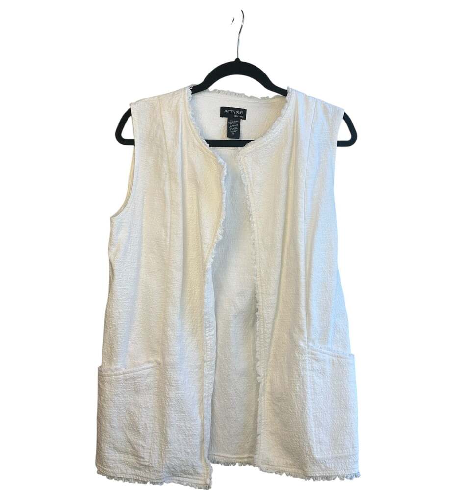 ATTYRE New York White Textured Sleeveless Fringe Trim Open Cardigan Vest Size 10